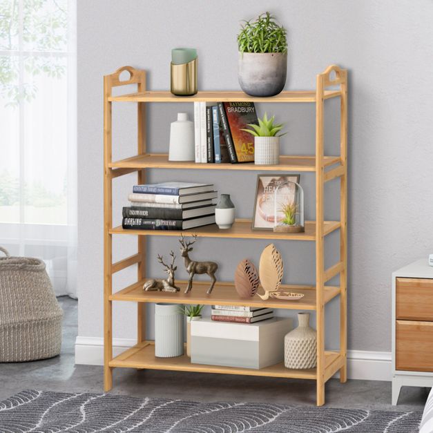5-Tier Free Standing Bamboo Shoe Rack with Two Rounded Handles