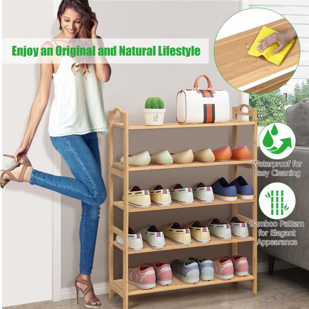 5-Tier Free Standing Bamboo Shoe Rack with Two Rounded Handles