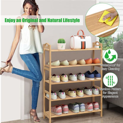 5-Tier Free Standing Bamboo Shoe Rack with Two Rounded Handles
