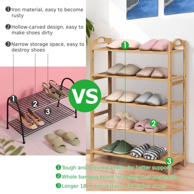 5-Tier Free Standing Bamboo Shoe Rack with Two Rounded Handles