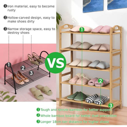 5-Tier Free Standing Bamboo Shoe Rack with Two Rounded Handles