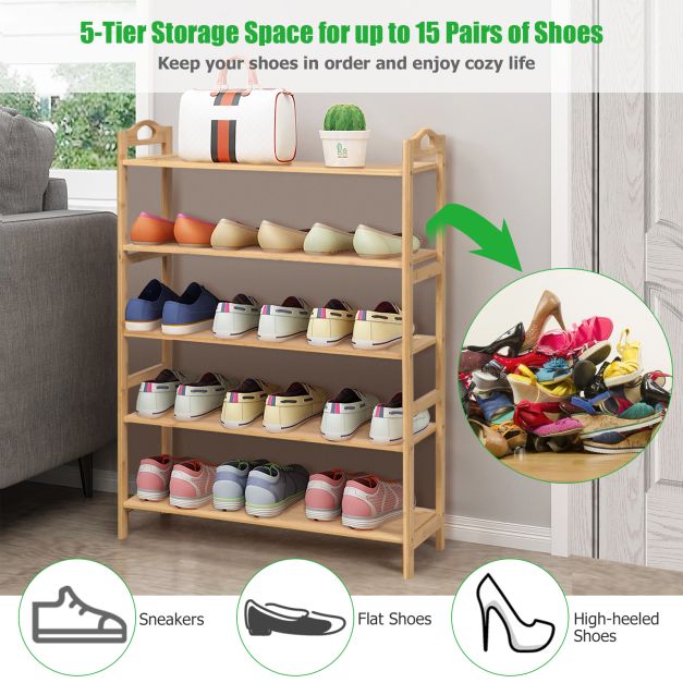 5-Tier Free Standing Bamboo Shoe Rack with Two Rounded Handles
