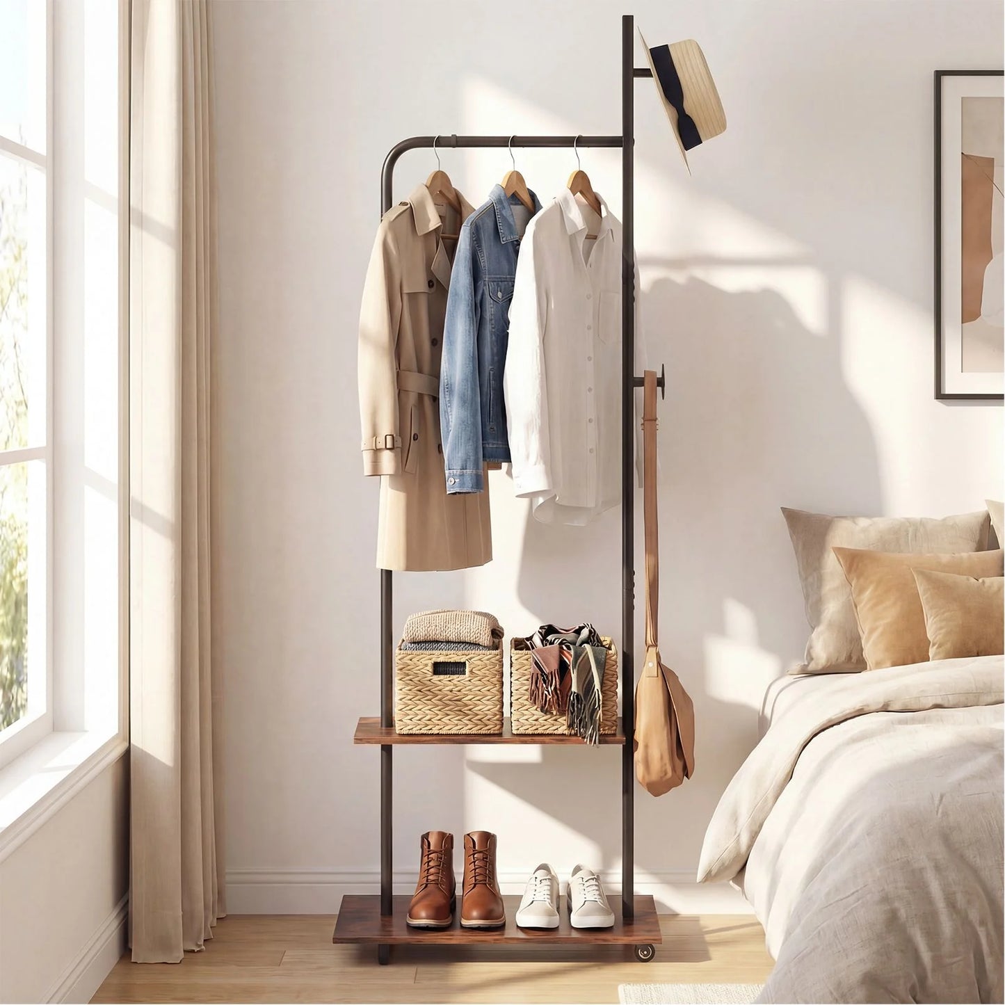 Freestanding Clothing Rack with Wheels and Hanging Rod