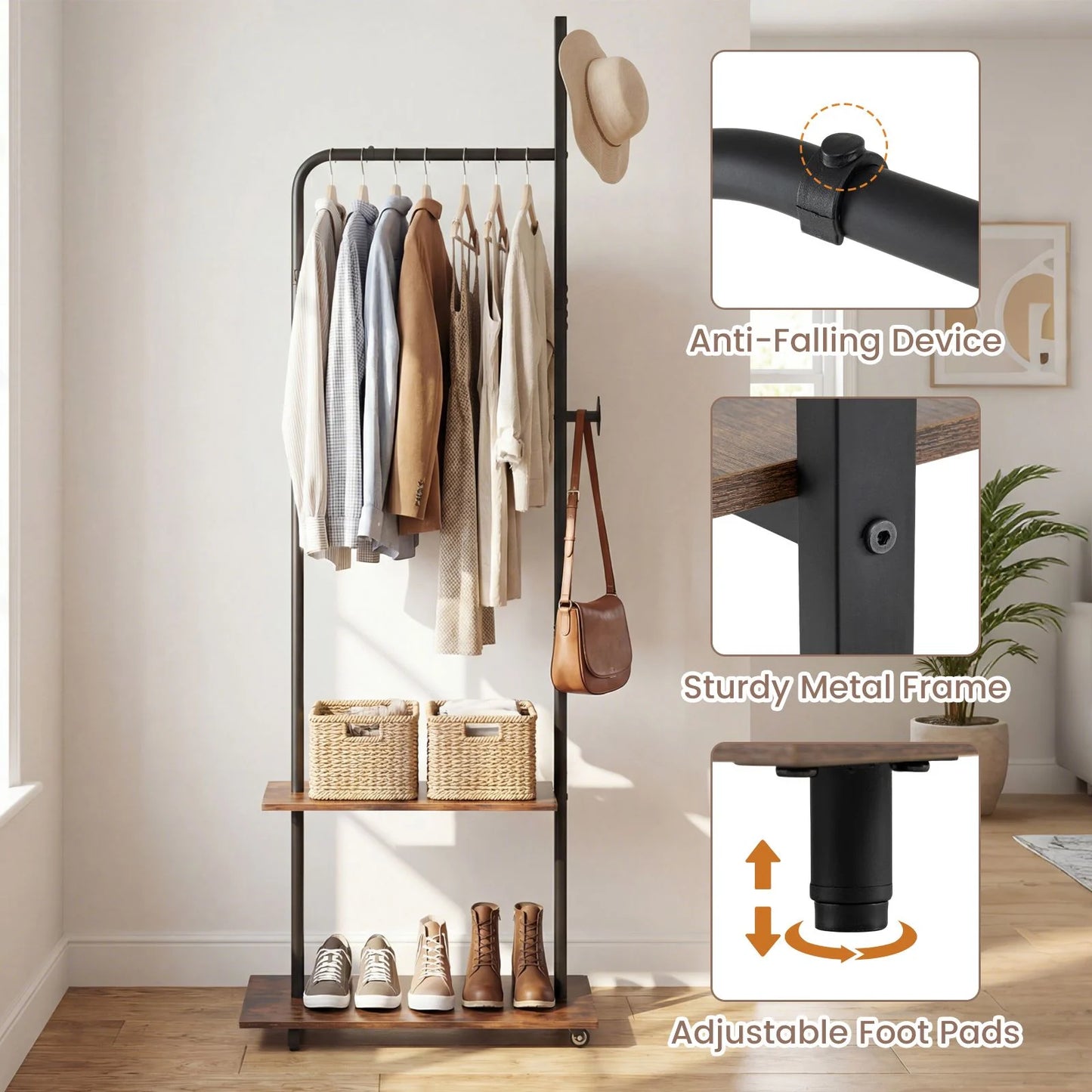 Freestanding Clothing Rack with Wheels and Hanging Rod