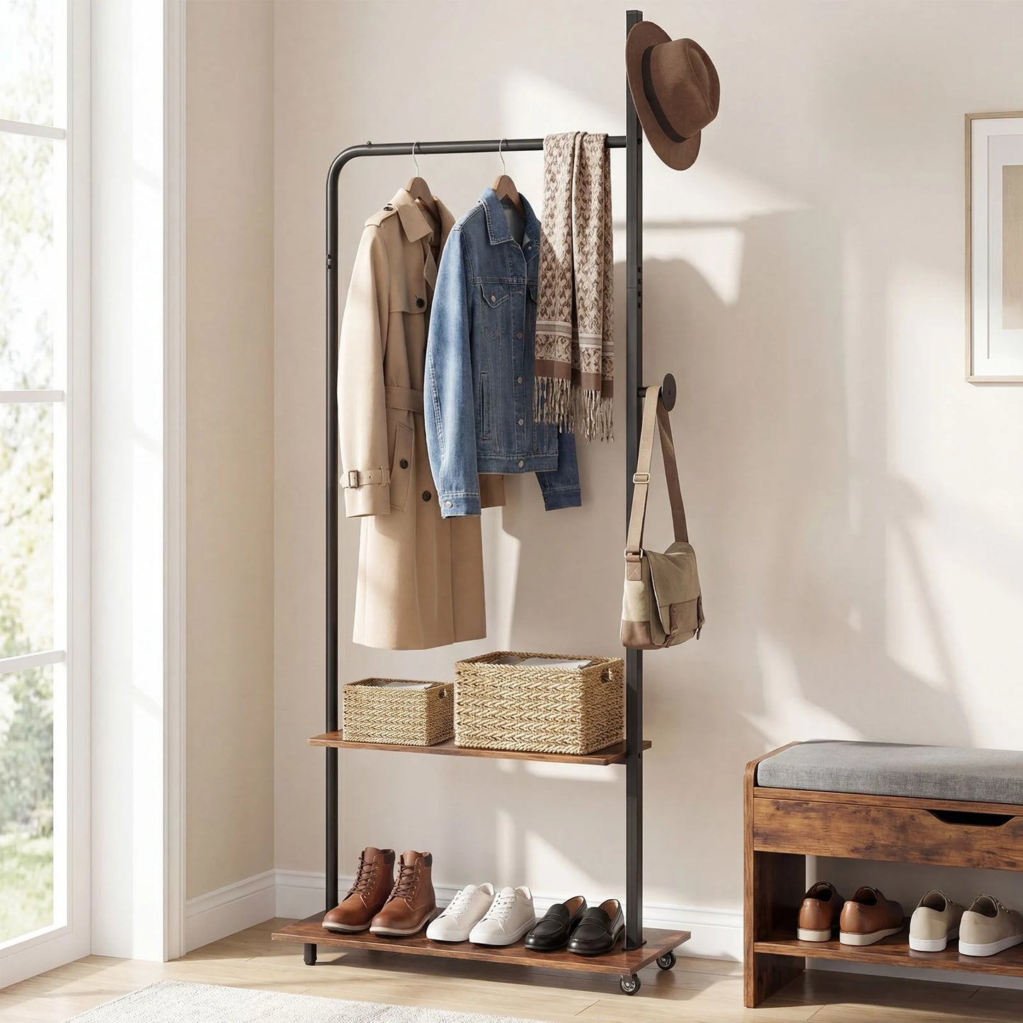 Freestanding Clothing Rack with Wheels and Hanging Rod