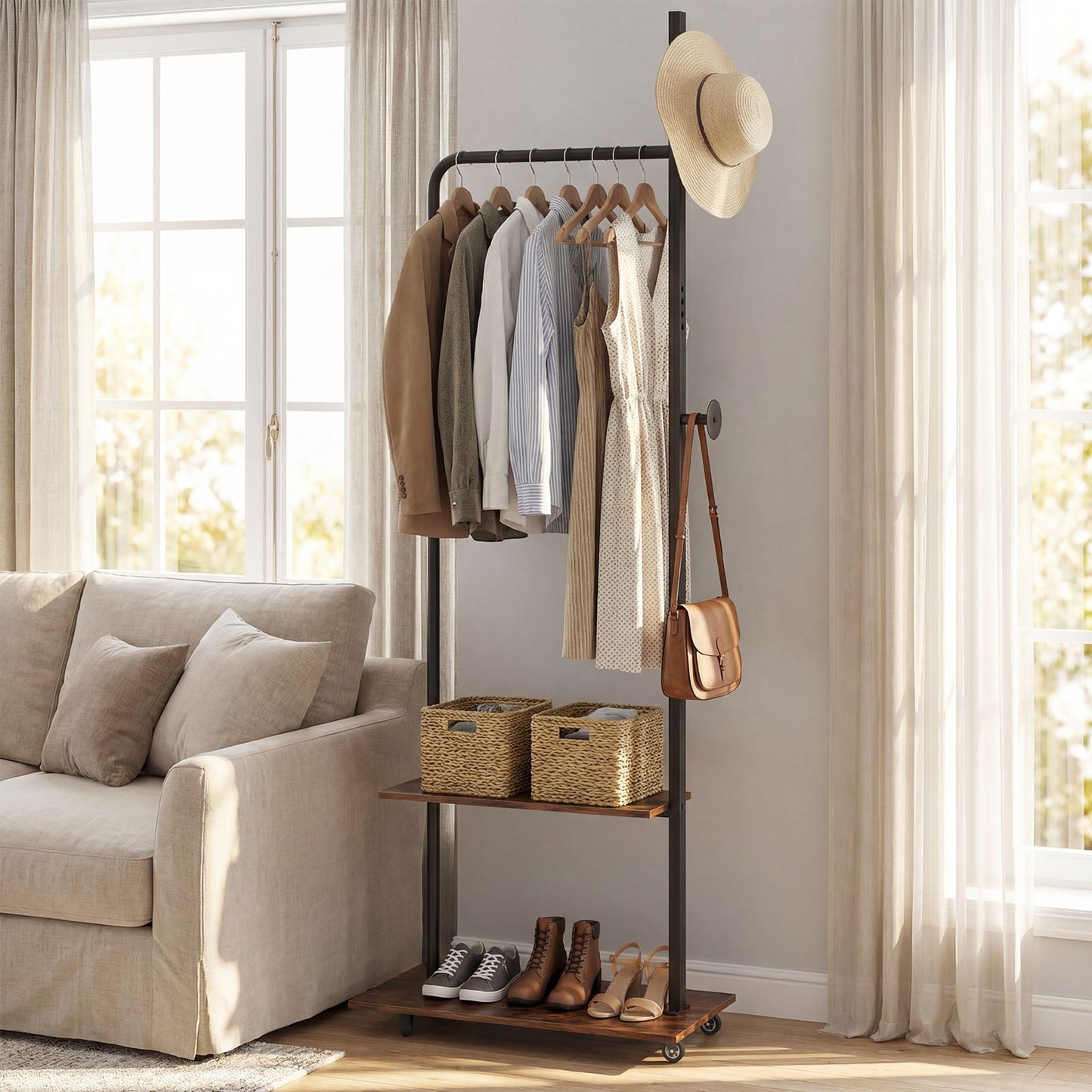 Freestanding Clothing Rack with Wheels and Hanging Rod