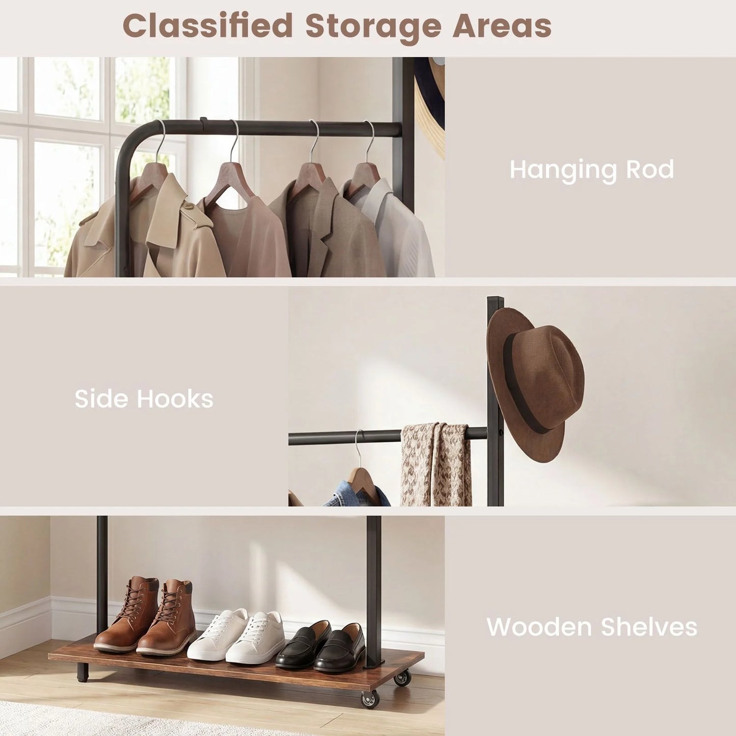 Freestanding Clothing Rack with Wheels and Hanging Rod