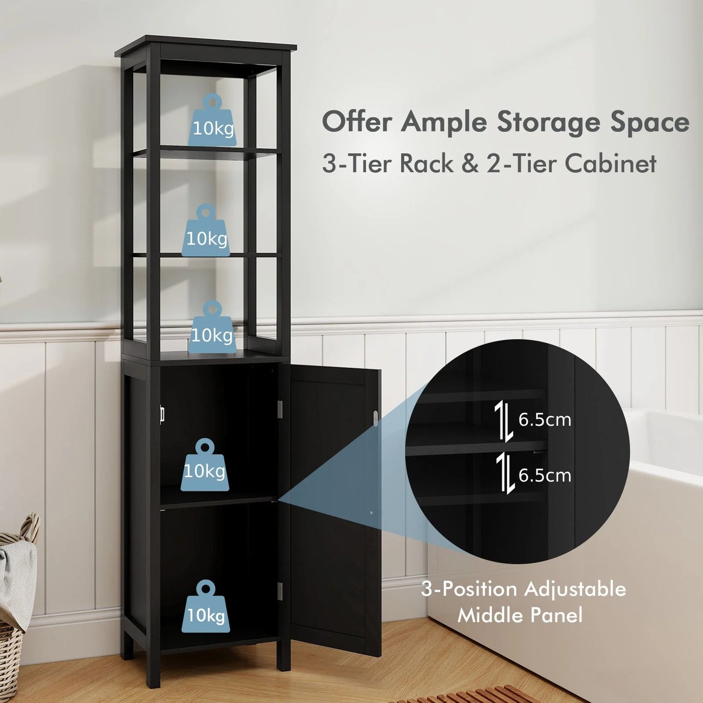 Freestanding Floor Cabinet with 3-Position Middle Panel and Anti-Toppling Mechanism