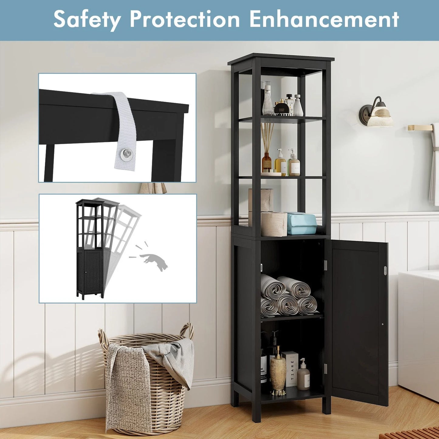 Freestanding Floor Cabinet with 3-Position Middle Panel and Anti-Toppling Mechanism