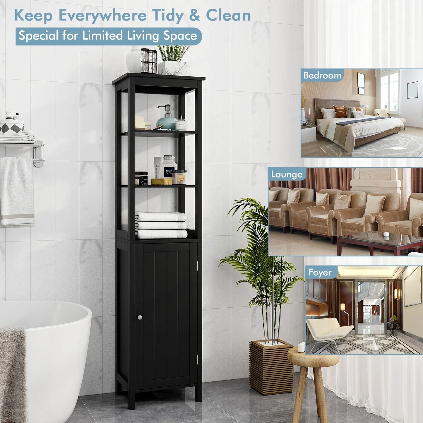 Freestanding Floor Cabinet with 3-Position Middle Panel and Anti-Toppling Mechanism