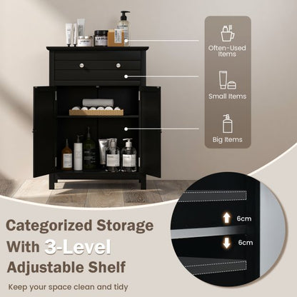 Freestanding Floor Storage Cabinet with Drawer and Adjustable Shelf