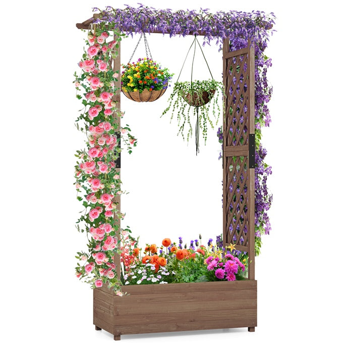 GiantexUK Raised Garden Bed with Arch Trellis, Wooden Garden Planter Box with Drainage Holes