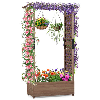 GiantexUK Raised Garden Bed with Arch Trellis, Wooden Garden Planter Box with Drainage Holes