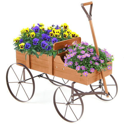 GiantexUK Wooden Wagon Garden Planter, Flower Cart with Long Handle and Flexible Wheels