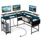 L-Shaped Gaming Desk with LED Lights and Power Outlets