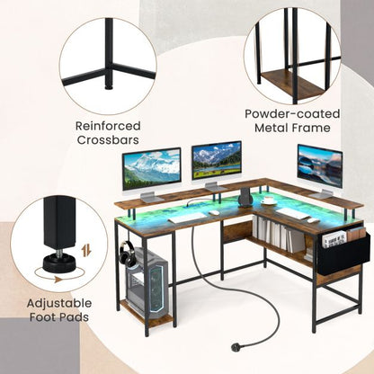 L-Shaped Gaming Desk with LED Lights and Power Outlets
