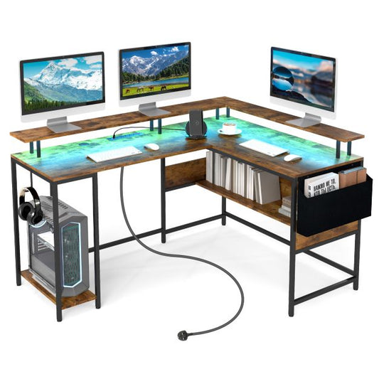 L-Shaped Gaming Desk with LED Lights and Power Outlets