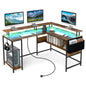 L-Shaped Gaming Desk with LED Lights and Power Outlets