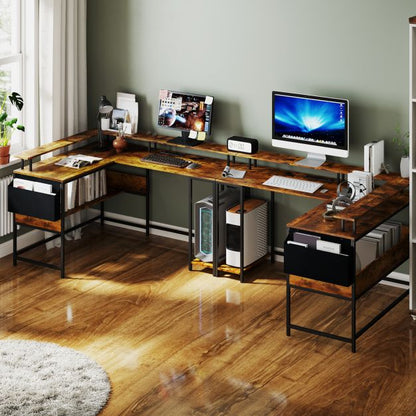L-Shaped Gaming Desk with LED Lights and Power Outlets