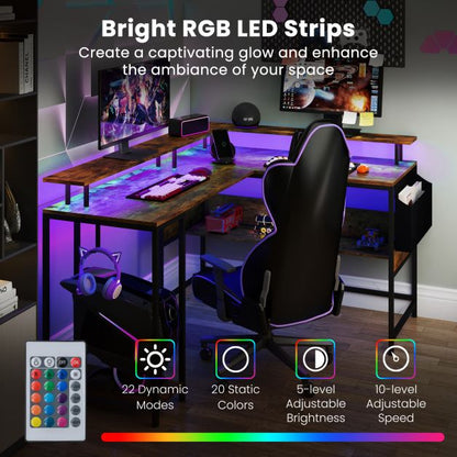 L-Shaped Gaming Desk with LED Lights and Power Outlets