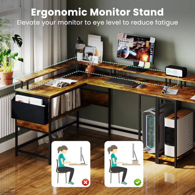 L-Shaped Gaming Desk with LED Lights and Power Outlets