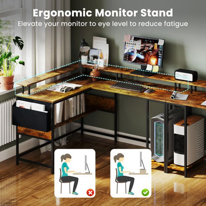 L-Shaped Gaming Desk with LED Lights and Power Outlets