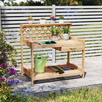 Garden Potting Bench Table with Lattice Trellis and Removable Drawer