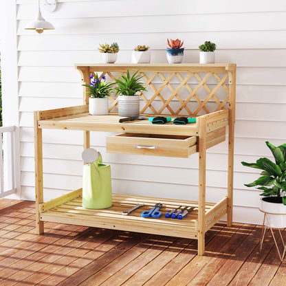 Garden Potting Bench Table with Lattice Trellis and Removable Drawer