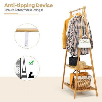 Bamboo Garment Rack with Hanging Rod 2 Shelves and Hooks