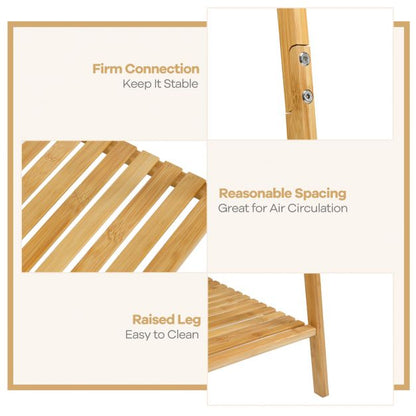 Bamboo Garment Rack with Hanging Rod 2 Shelves and Hooks