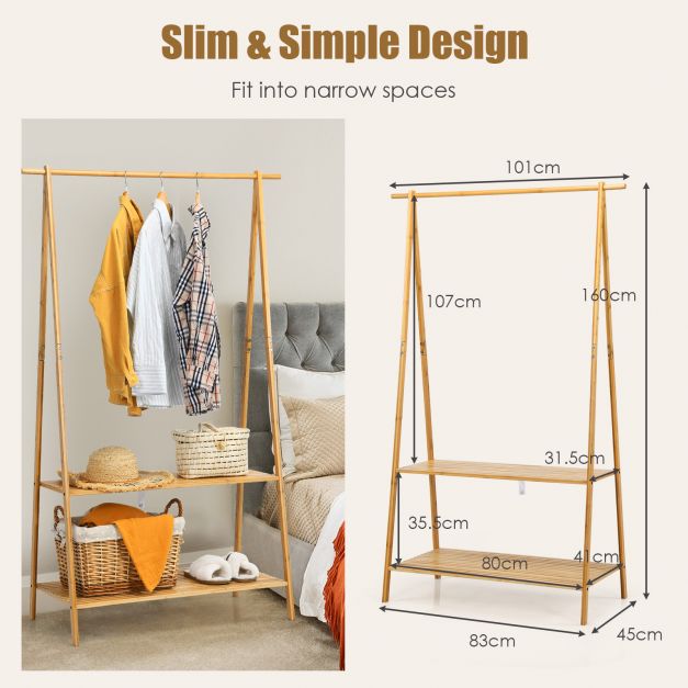 Bamboo Garment Rack with Hanging Rod 2 Shelves and Hooks
