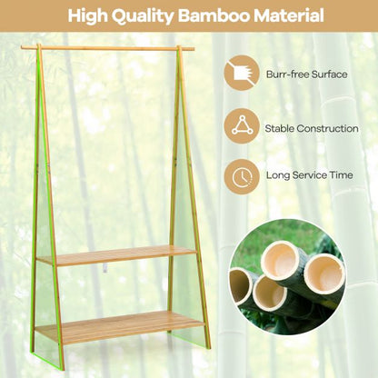 Bamboo Garment Rack with Hanging Rod 2 Shelves and Hooks