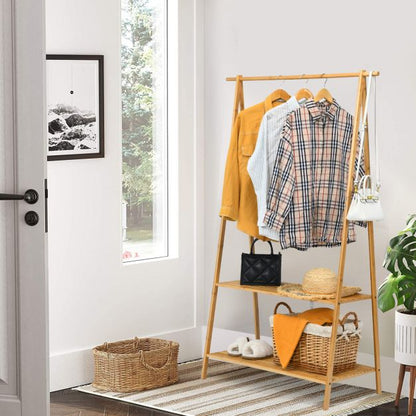 Bamboo Garment Rack with Hanging Rod 2 Shelves and Hooks