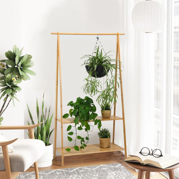 Bamboo Garment Rack with Hanging Rod 2 Shelves and Hooks