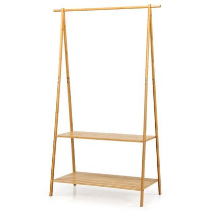 Bamboo Garment Rack with Hanging Rod 2 Shelves and Hooks