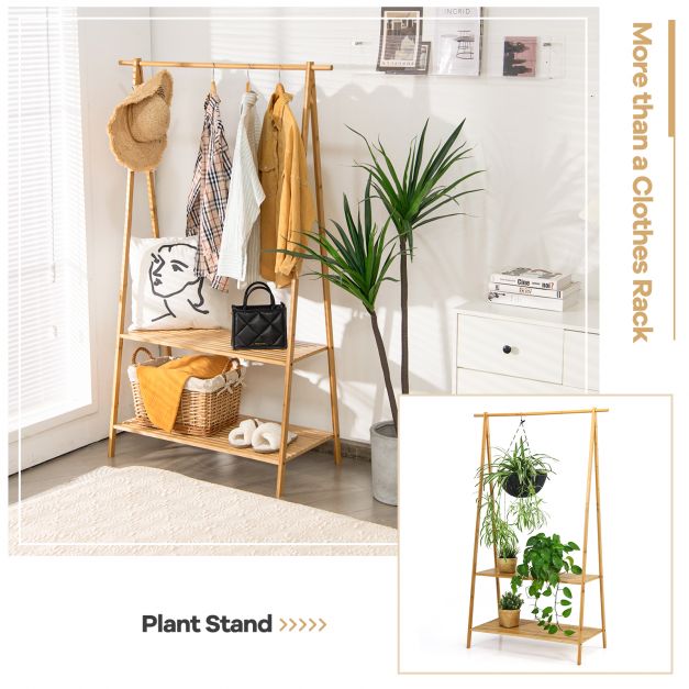 Bamboo Garment Rack with Hanging Rod 2 Shelves and Hooks