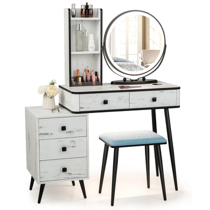 Dressing Table and Stool Set with 3-Color LED Lights Mirror, Drawers, Shelves & Charging Station, Round Mirror