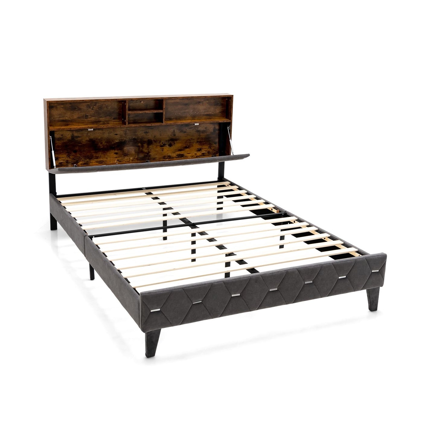 Single/Double/King Bed Frame with Storage Headboard and Slat Support