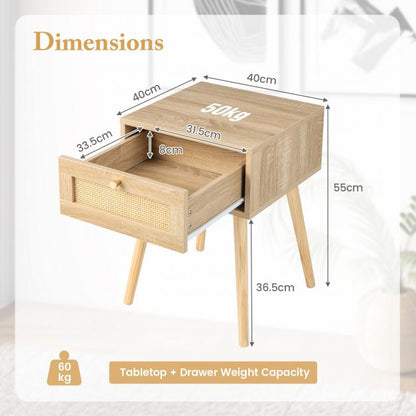 Boho Bedside Table with Hand-woven Rattan Decoration
