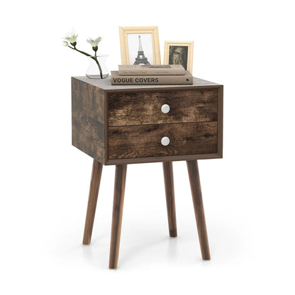 Wooden Nightstand with 2 Storage Drawers and Rubber Wood Legs