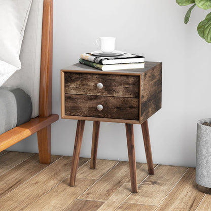 Wooden Nightstand with 2 Storage Drawers and Rubber Wood Legs