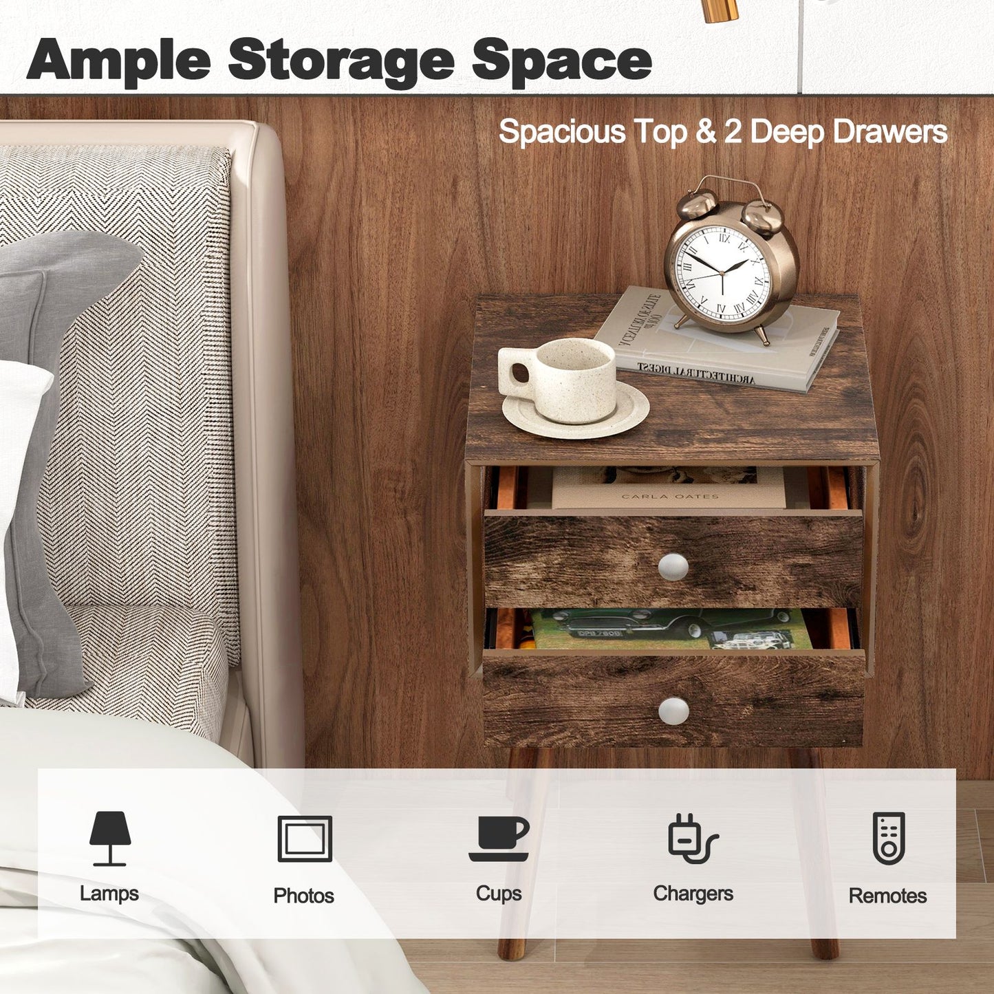 Wooden Nightstand with 2 Storage Drawers and Rubber Wood Legs