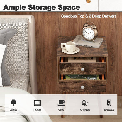 Wooden Nightstand with 2 Storage Drawers and Rubber Wood Legs