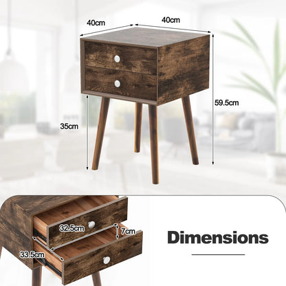 Wooden Nightstand with 2 Storage Drawers and Rubber Wood Legs