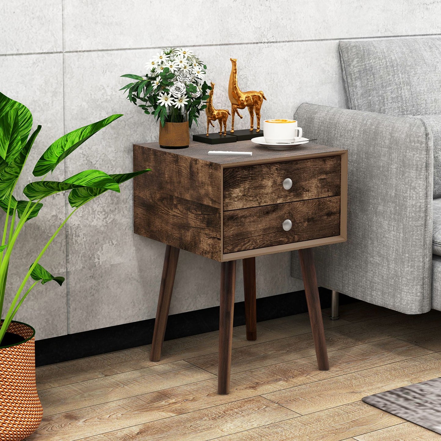Wooden Nightstand with 2 Storage Drawers and Rubber Wood Legs