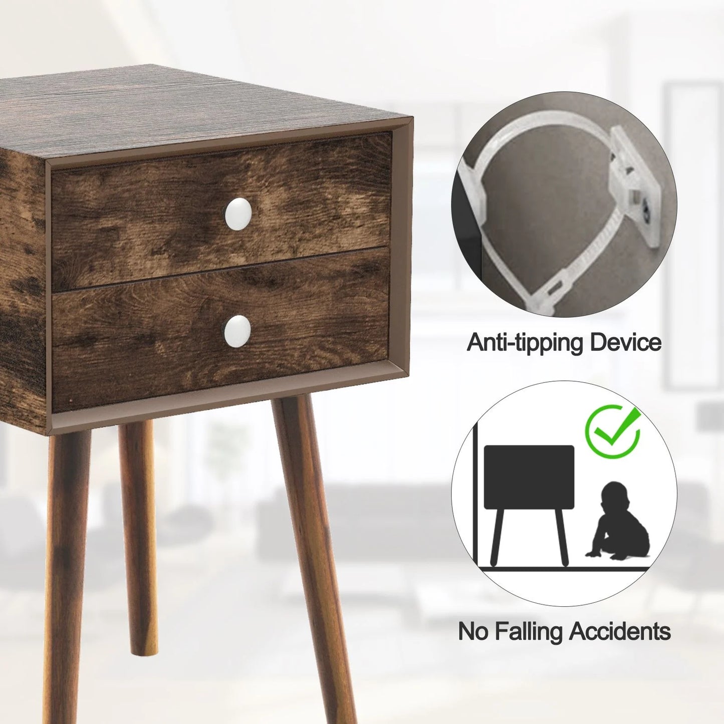 Wooden Nightstand with 2 Storage Drawers and Rubber Wood Legs