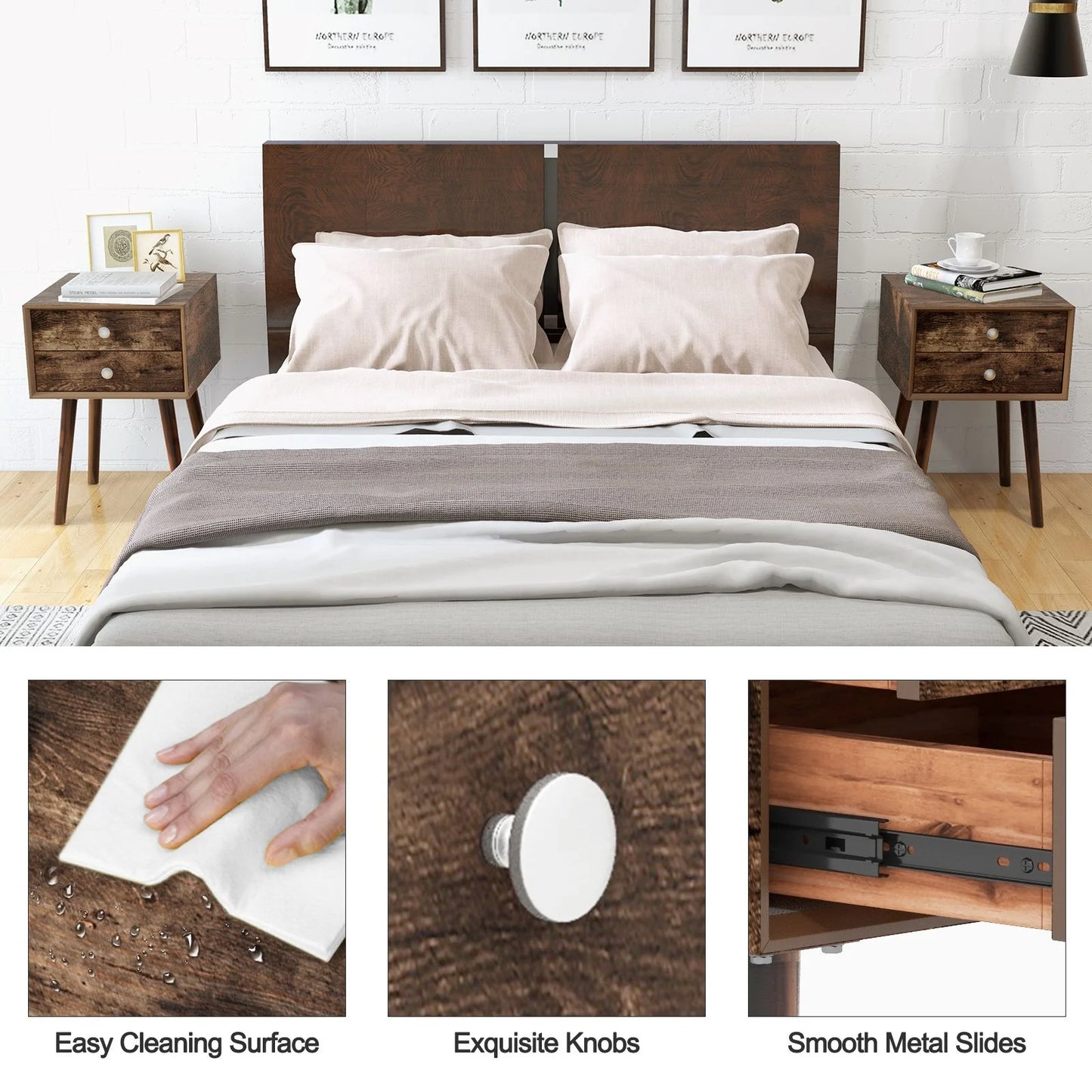 Wooden Nightstand with 2 Storage Drawers and Rubber Wood Legs