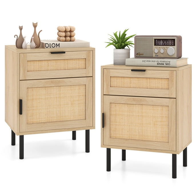 Set of 2 Rattan Nightstand with Drawer and Cabinet and Metal Legs