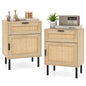 Set of 2 Rattan Nightstand with Drawer and Cabinet and Metal Legs