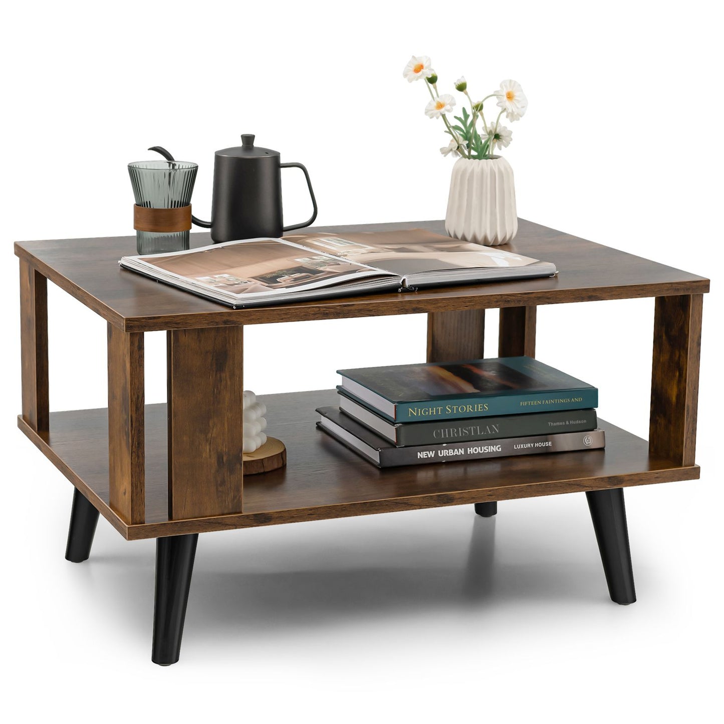 Wooden Industrial Coffee Table with Storage Shelf for Home Office